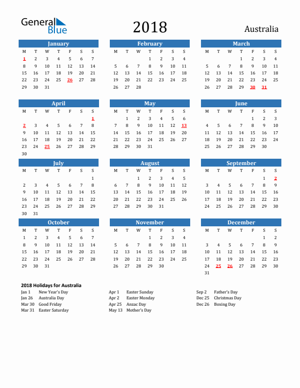 Australia 2018 Calendar with Holidays