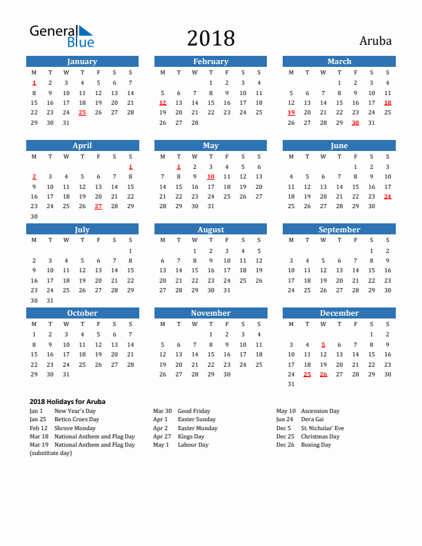 Aruba 2018 Calendar with Holidays