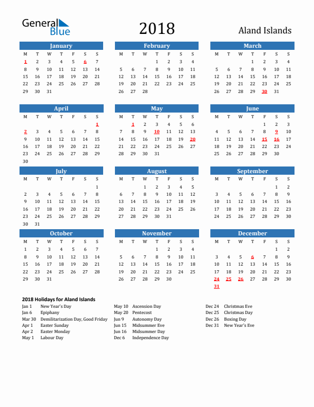 Aland Islands 2018 Calendar with Holidays