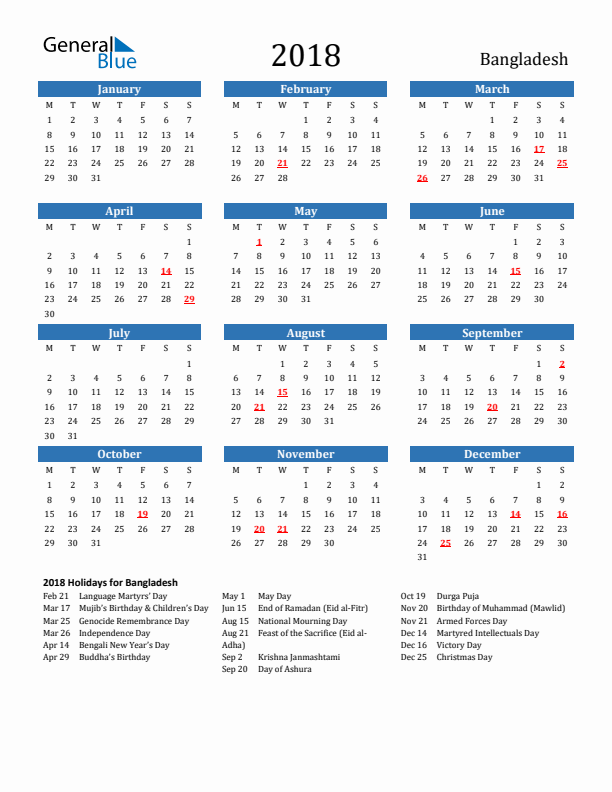 Bangladesh 2018 Calendar with Holidays