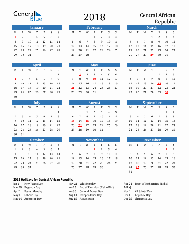 Central African Republic 2018 Calendar with Holidays