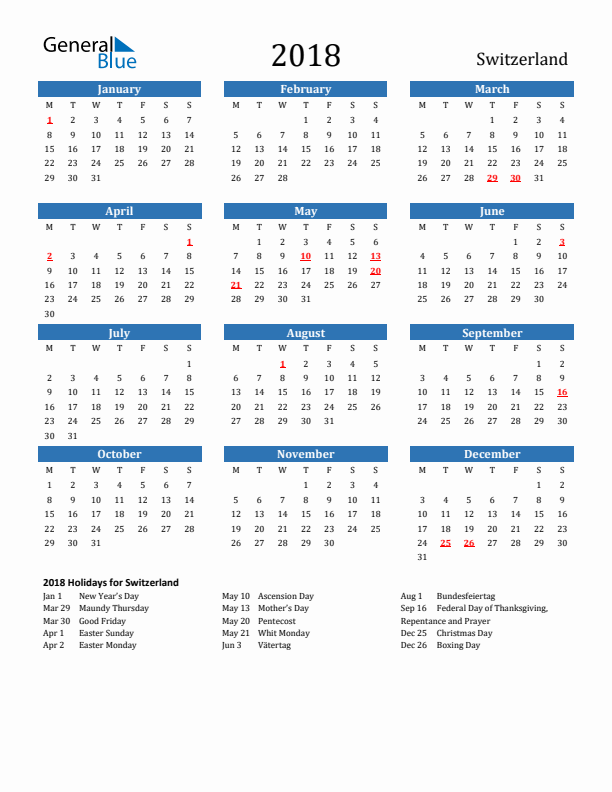 Switzerland 2018 Calendar with Holidays