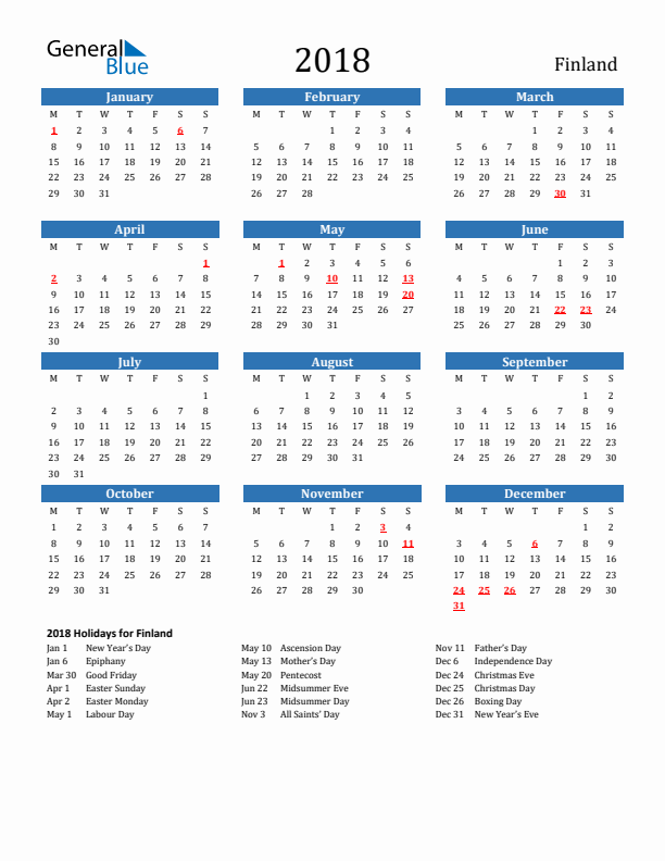 Finland 2018 Calendar with Holidays