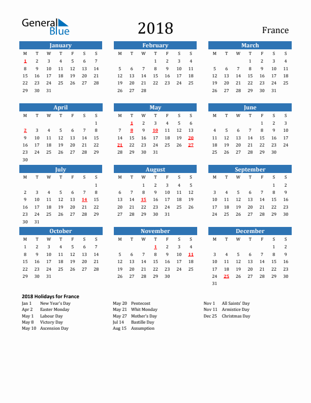 France 2018 Calendar with Holidays