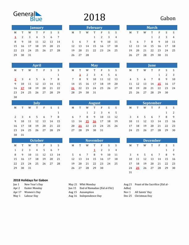 Gabon 2018 Calendar with Holidays