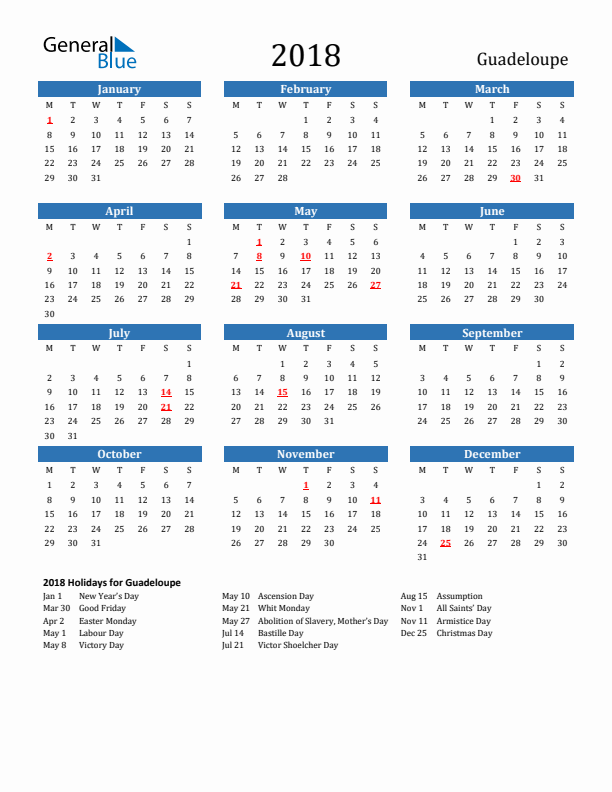 Guadeloupe 2018 Calendar with Holidays