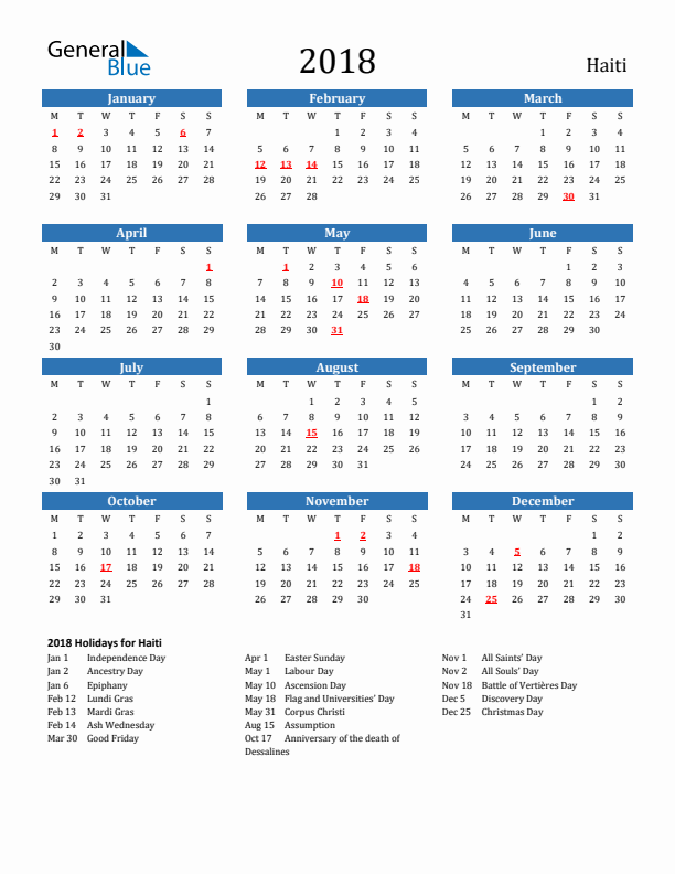 Haiti 2018 Calendar with Holidays