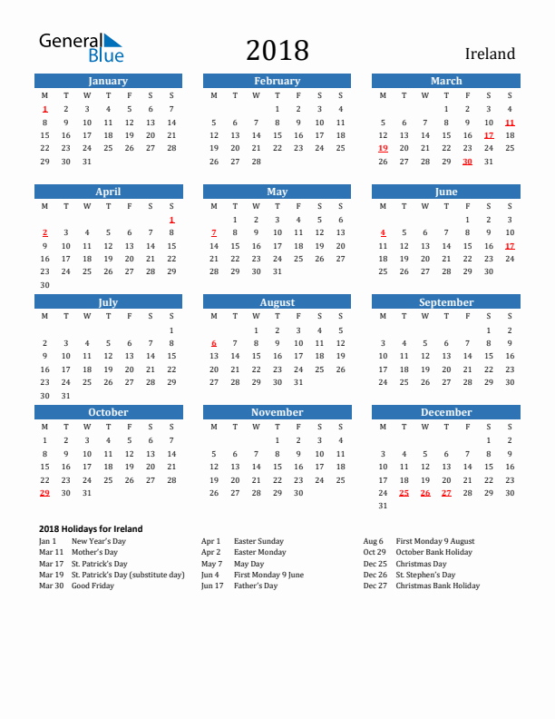 Ireland 2018 Calendar with Holidays