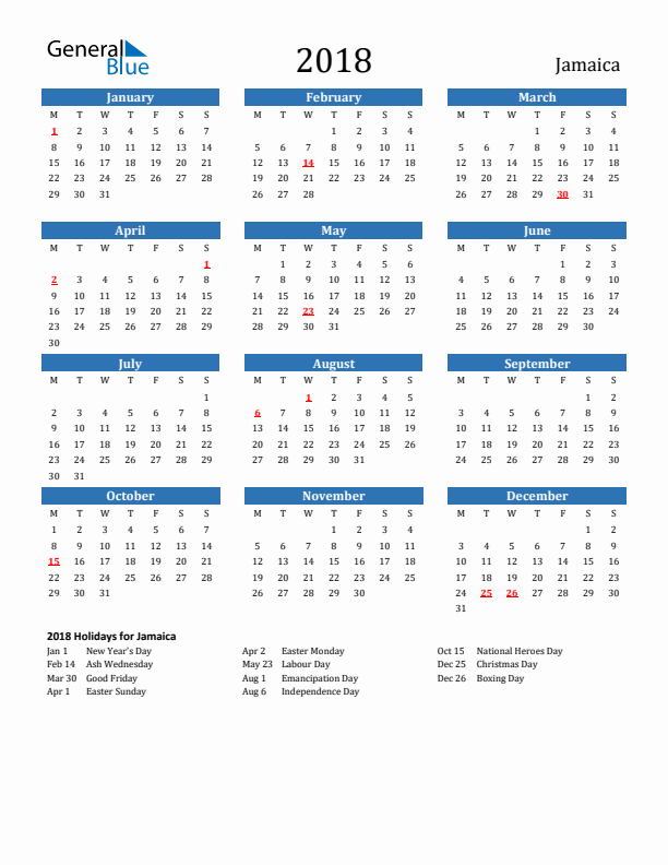 Jamaica 2018 Calendar with Holidays