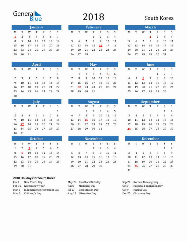 South Korea 2018 Calendar with Holidays