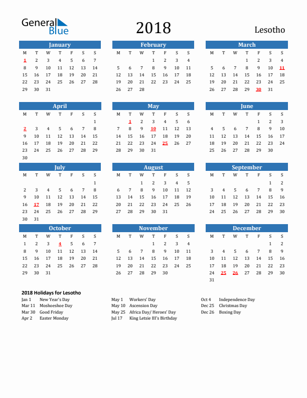 Lesotho 2018 Calendar with Holidays