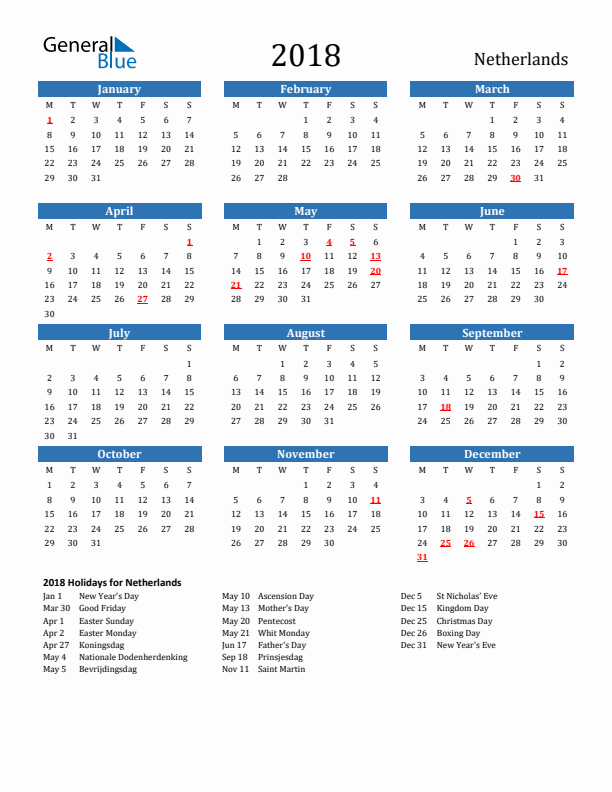 The Netherlands 2018 Calendar with Holidays