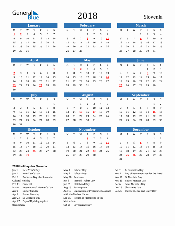 Slovenia 2018 Calendar with Holidays