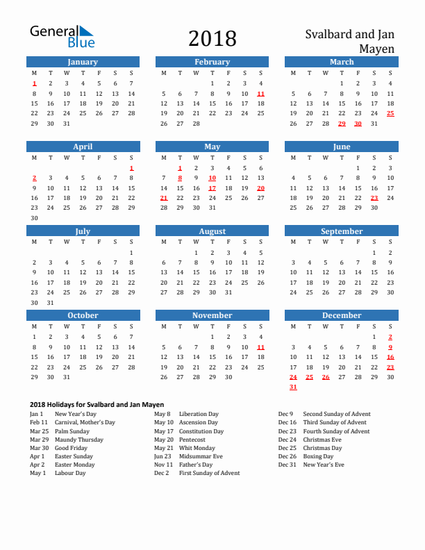 Svalbard and Jan Mayen 2018 Calendar with Holidays