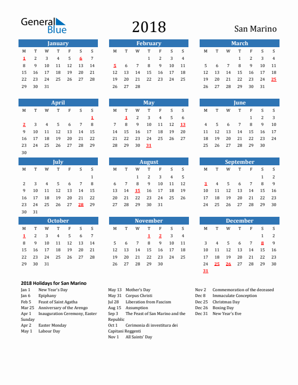 San Marino 2018 Calendar with Holidays