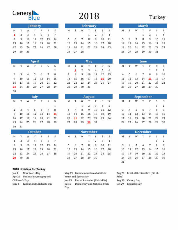 Turkey 2018 Calendar with Holidays