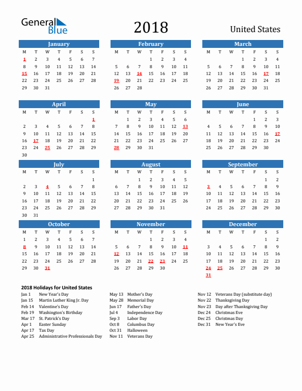 United States 2018 Calendar with Holidays