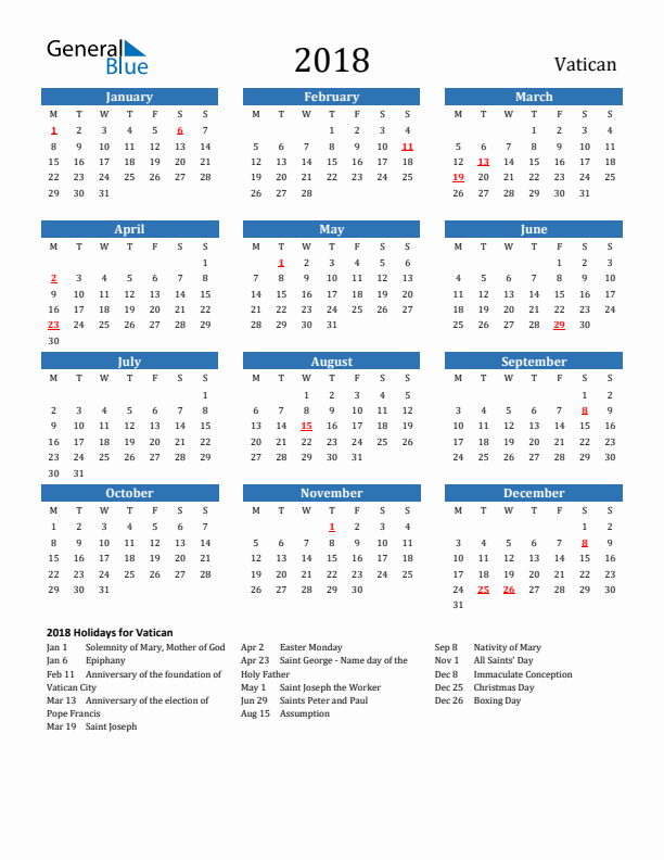 Vatican 2018 Calendar with Holidays