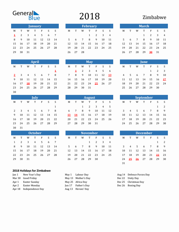 Zimbabwe 2018 Calendar with Holidays