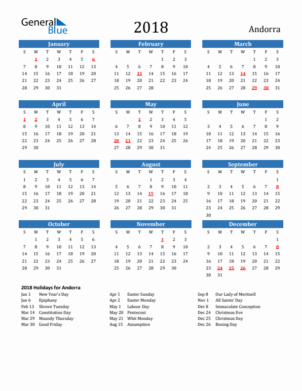 Andorra 2018 Calendar with Holidays