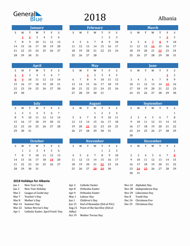 Albania 2018 Calendar with Holidays