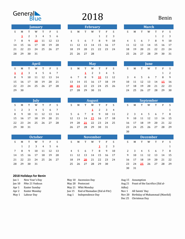 Benin 2018 Calendar with Holidays