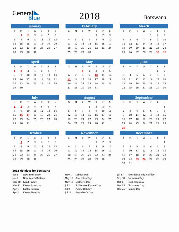 Botswana 2018 Calendar with Holidays