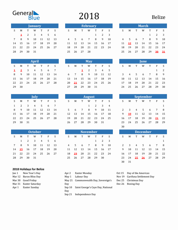 Belize 2018 Calendar with Holidays