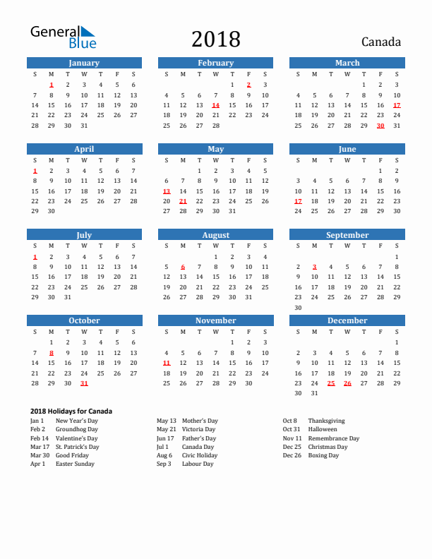 Canada 2018 Calendar with Holidays