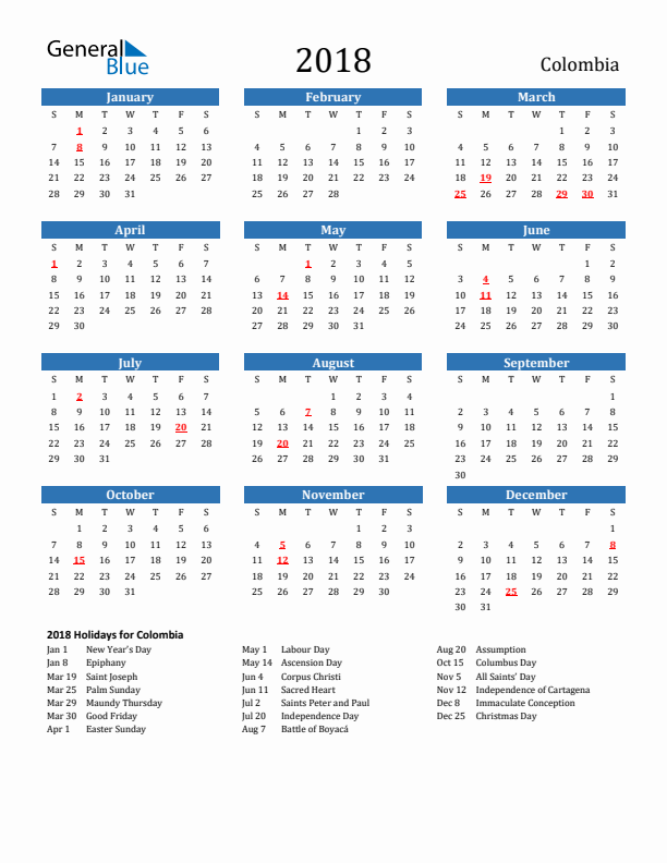 Colombia 2018 Calendar with Holidays