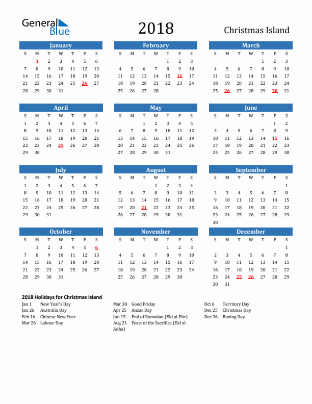 Christmas Island 2018 Calendar with Holidays