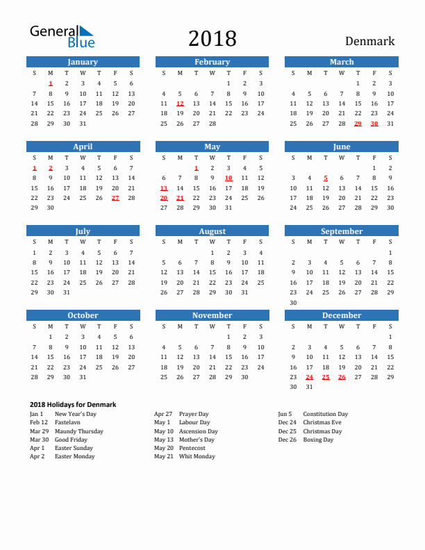 Denmark 2018 Calendar with Holidays