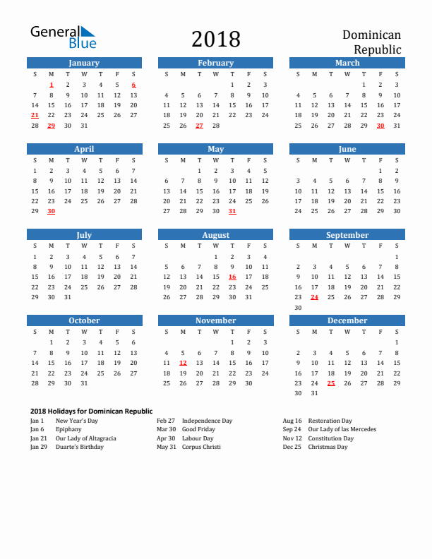 Dominican Republic 2018 Calendar with Holidays