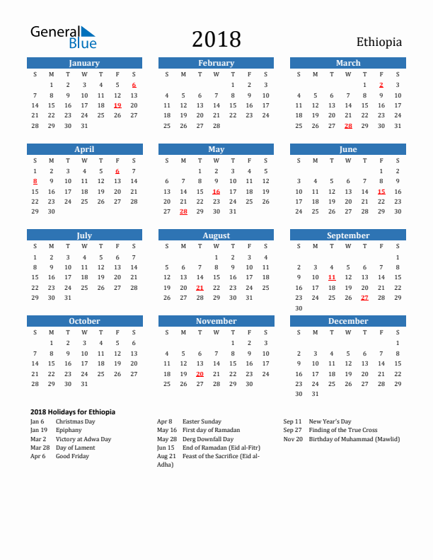 Ethiopia 2018 Calendar with Holidays