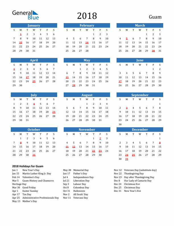 Guam 2018 Calendar with Holidays