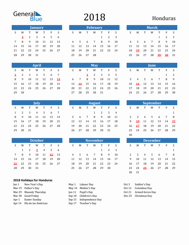 Honduras 2018 Calendar with Holidays