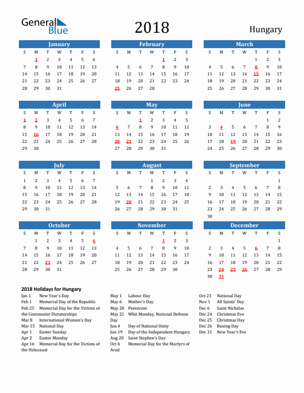 Hungary 2018 Calendar with Holidays