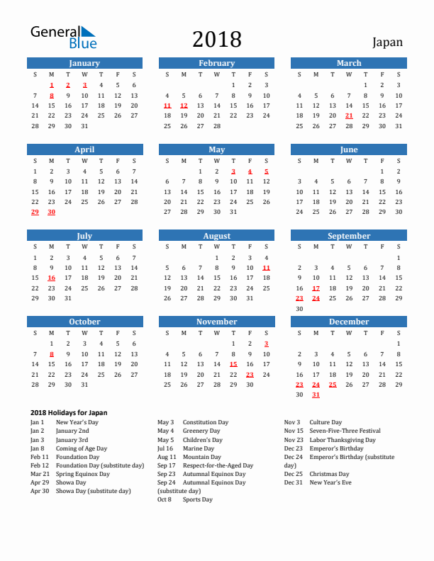 Japan 2018 Calendar with Holidays