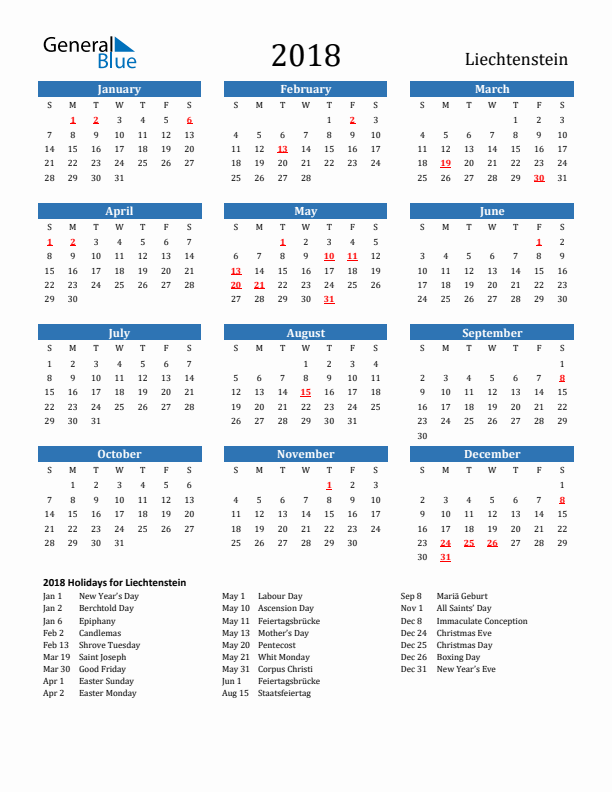 Liechtenstein 2018 Calendar with Holidays