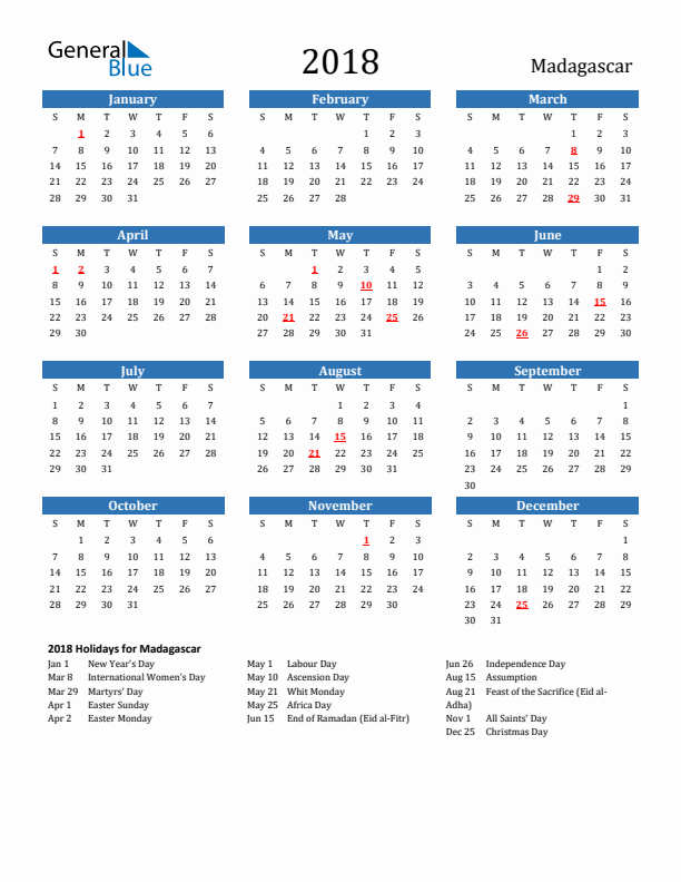 Madagascar 2018 Calendar with Holidays