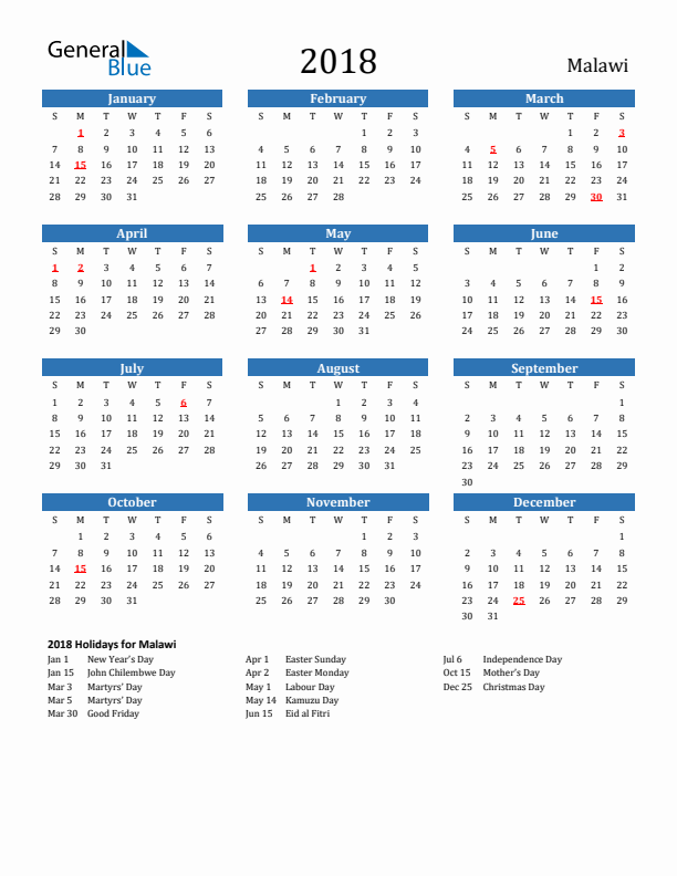 Malawi 2018 Calendar with Holidays