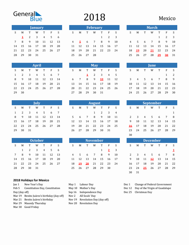 Mexico 2018 Calendar with Holidays