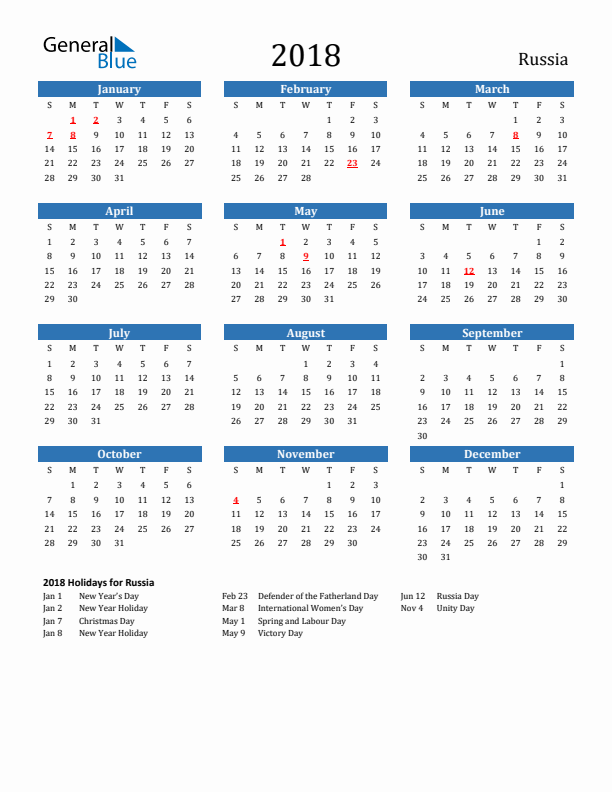 Russia 2018 Calendar with Holidays