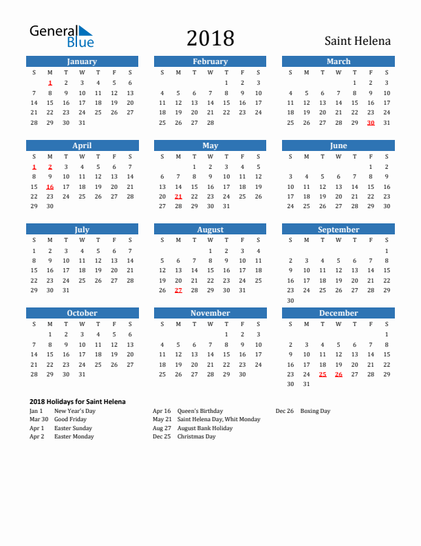 Saint Helena 2018 Calendar with Holidays