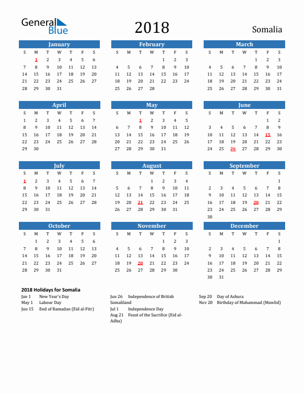 Somalia 2018 Calendar with Holidays