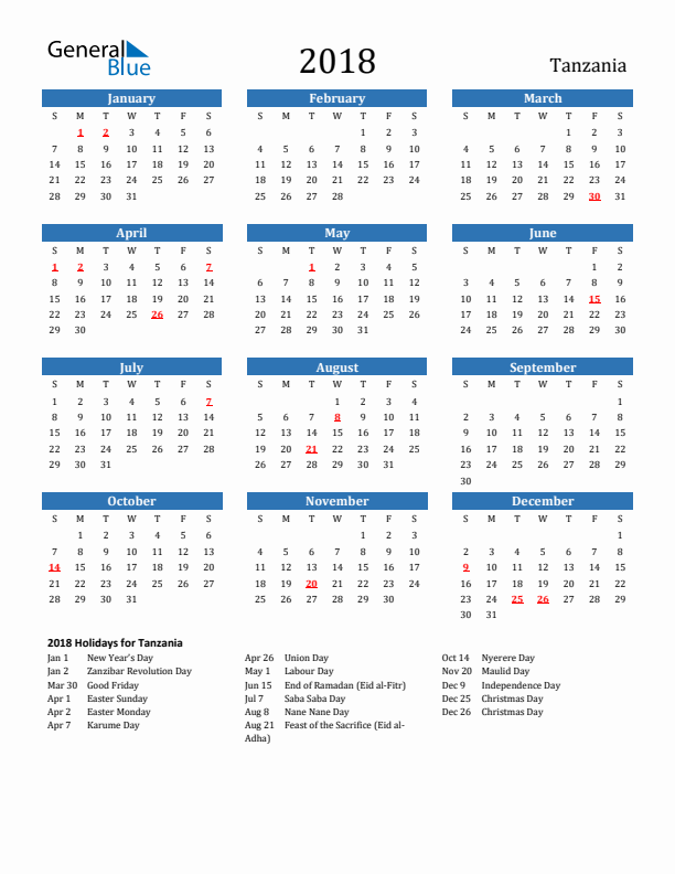 Tanzania 2018 Calendar with Holidays