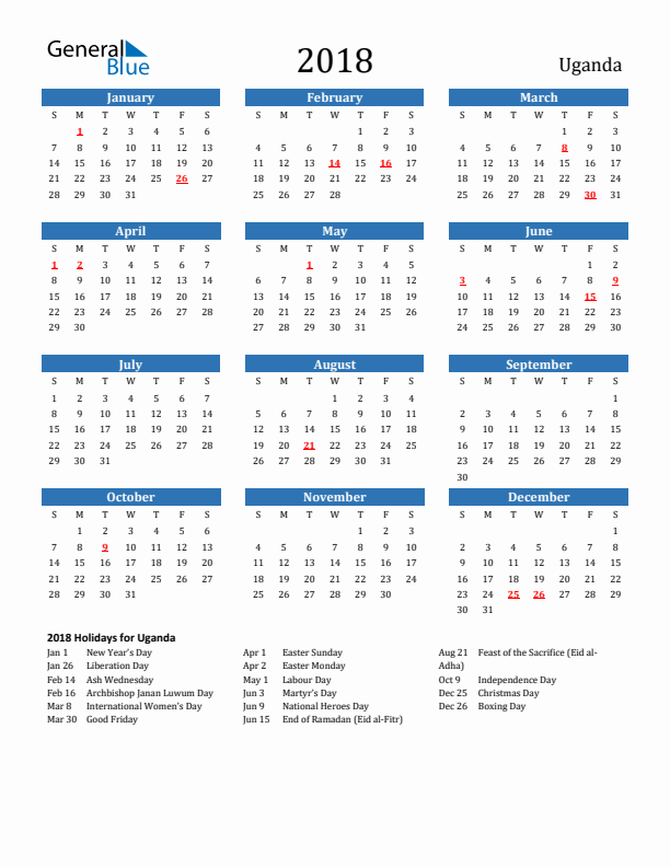 Uganda 2018 Calendar with Holidays