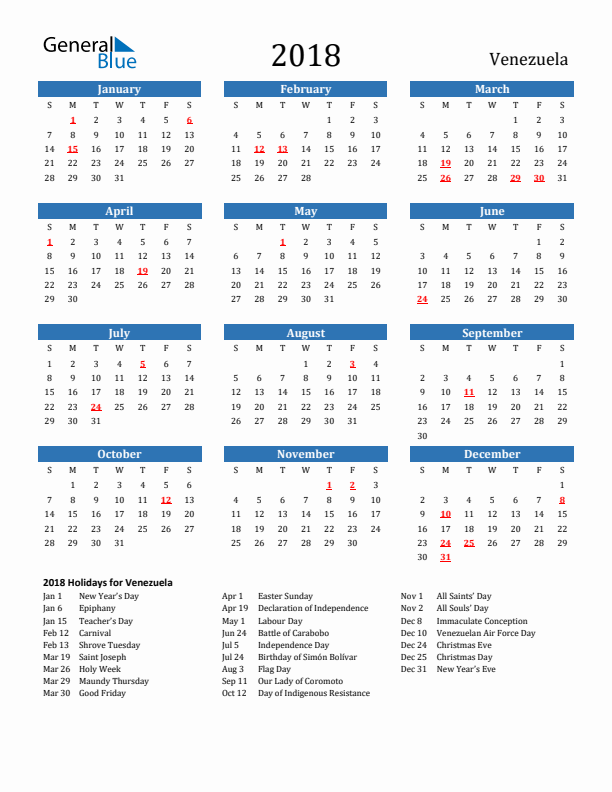 Venezuela 2018 Calendar with Holidays