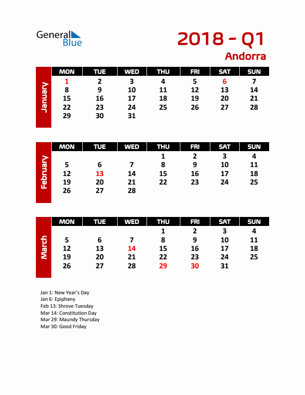 Q1 2018 Calendar with Holidays in Andorra