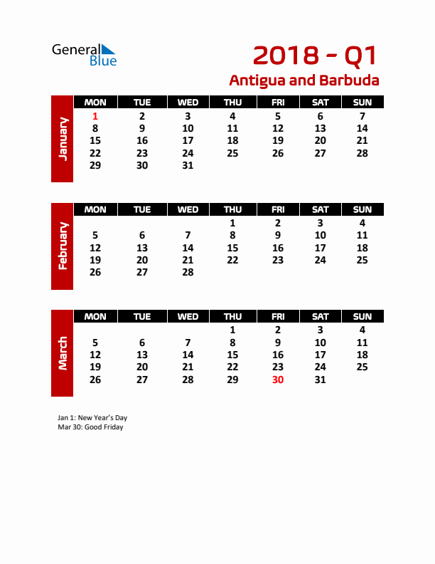 Q1 2018 Calendar with Holidays in Antigua and Barbuda